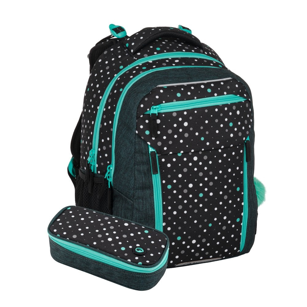 SET ZAINO + ASTUCCIO SCUOLA PRIMARIA ERGONOMICO NERO CON POIS E LINEE TURCHESI PORTO 24 C | 3ª–5ª PRIMARIA