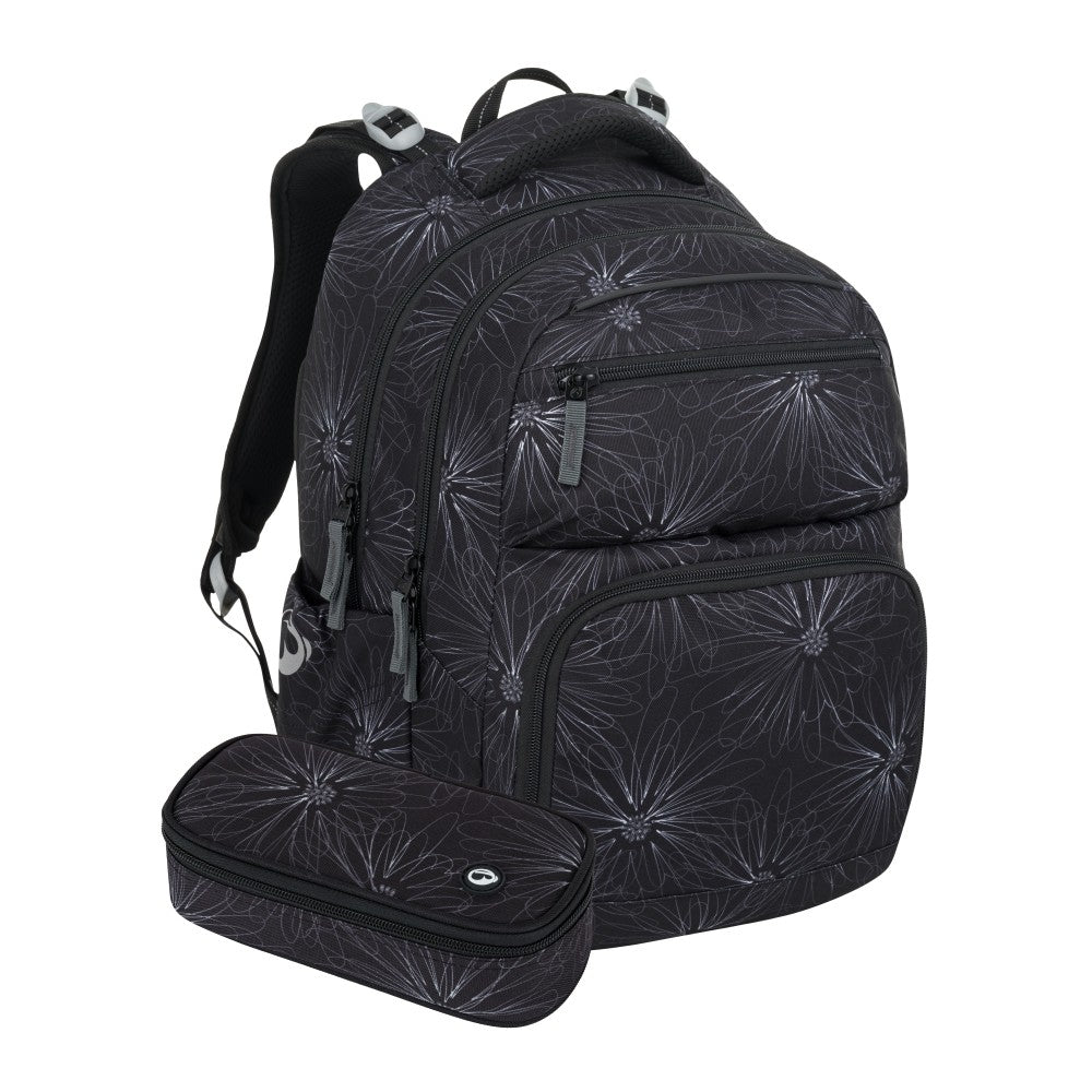 Set zaino scuola primaria 2 pezzi – nero con fiori bianchi ZIPSTER 25 A