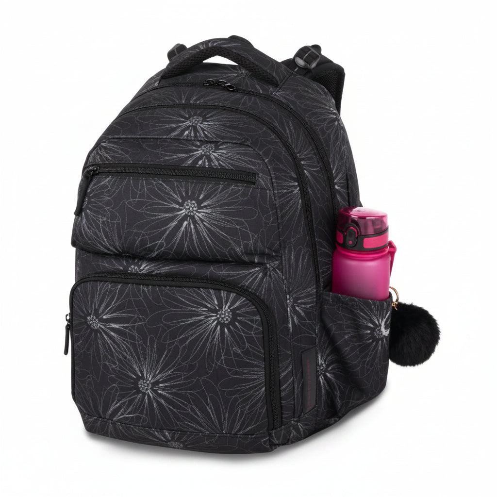 Zaino scuola primaria grigio nero con fiori bianchi – ZIPSTER 25 A