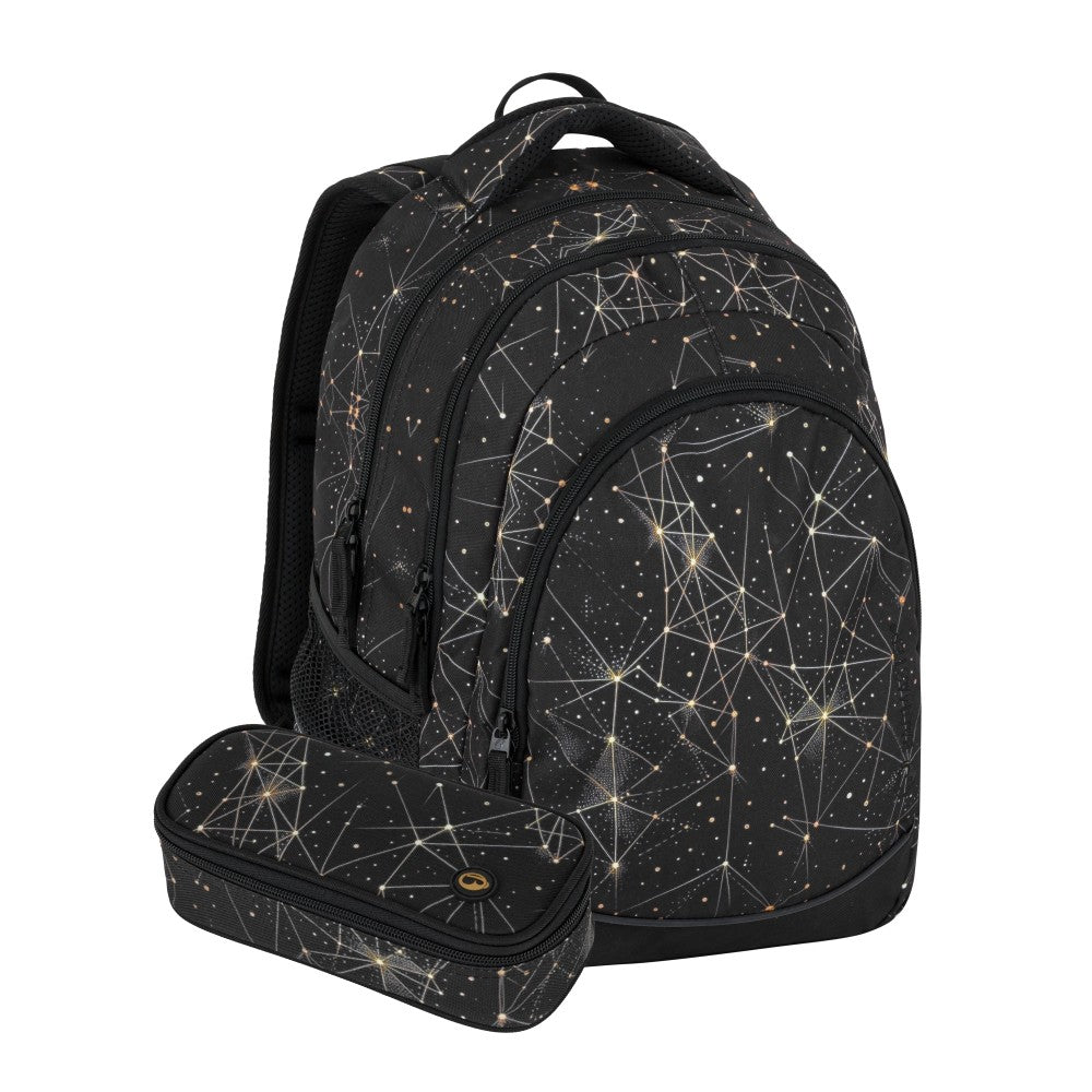 Set zaino scuola 2 pezzi nero con costellazioni dorate – DIGITAL 25 A | medie e superiori
