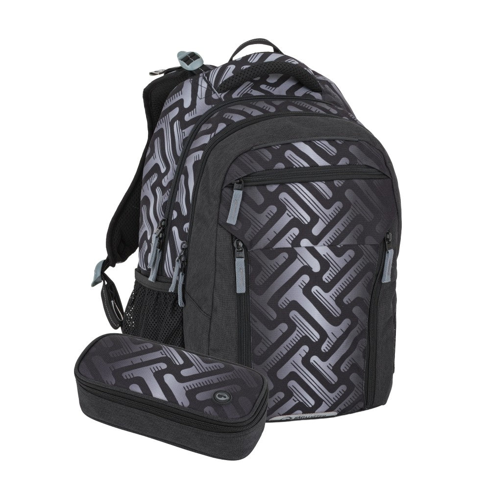 Set zaino scuola 2 pezzi primaria ergonomico grigio nero PORTO - 26 A