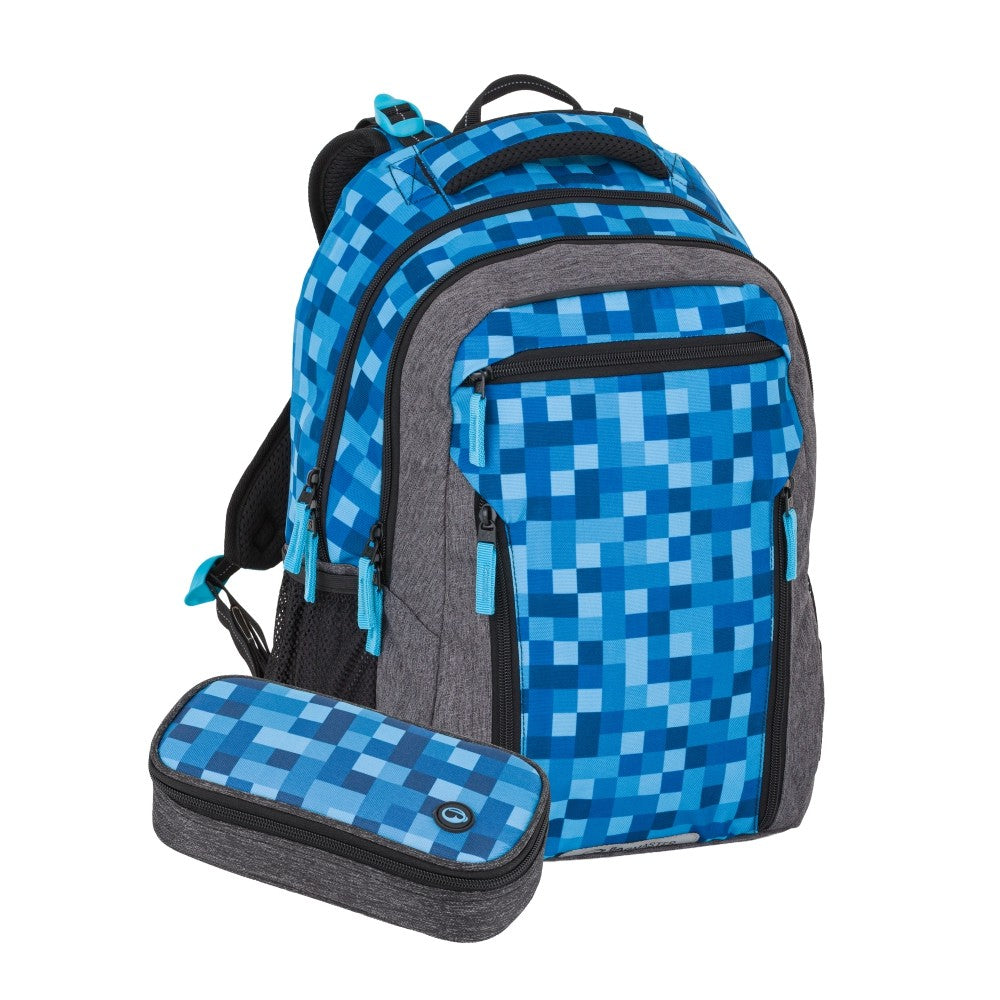 Set zaino scuola 2 pezzi primaria ergonomico blu e grigio QUADRETTI - PORTO 26 B